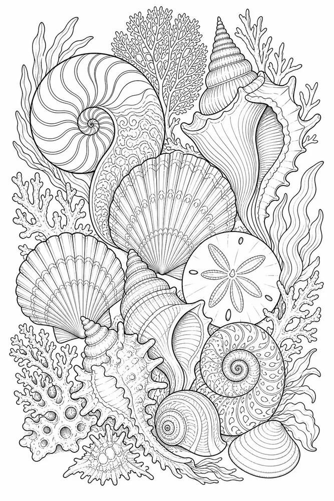 Adult Advanced Advanced Adult Detailed Ocean Shells coloring page