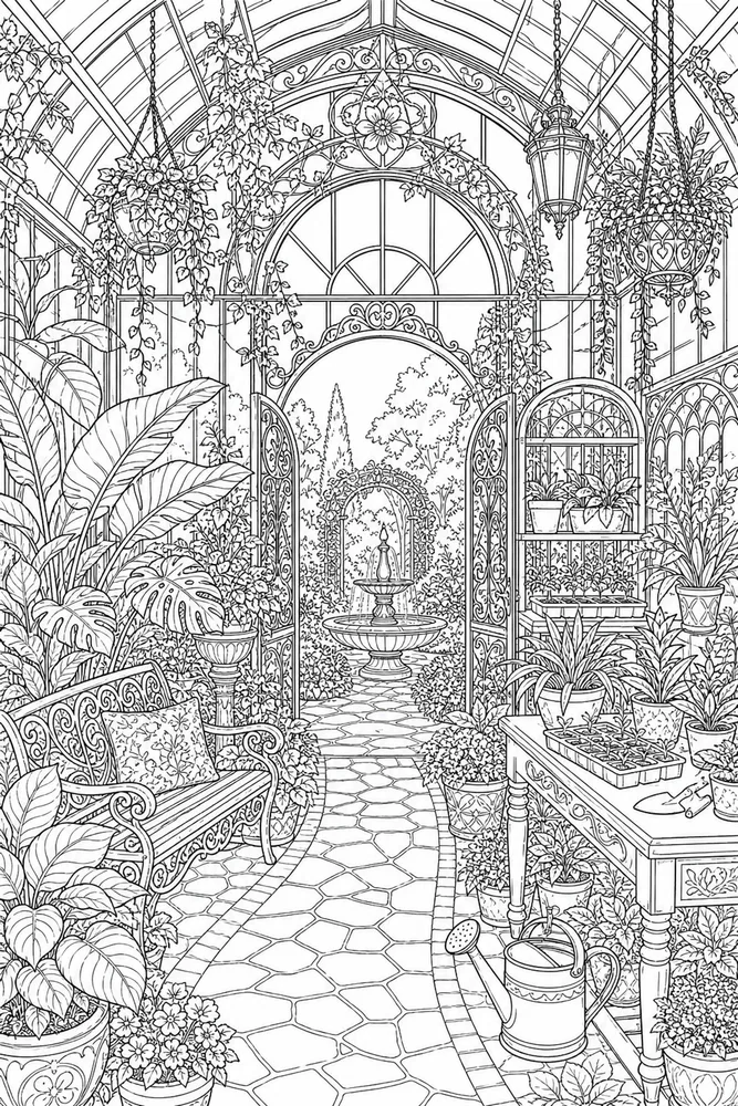 Advanced Adult Coloring Pages preview: Adult Advanced Advanced Adult Elaborate Greenhouse coloring page