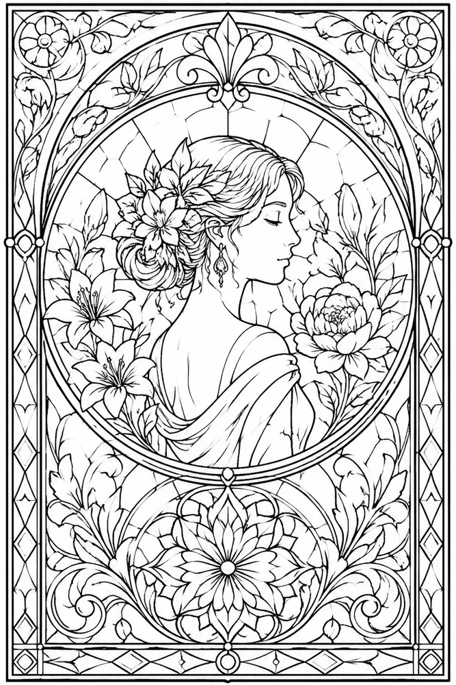 Adult Advanced Advanced Adult Floral Stained Glass coloring page