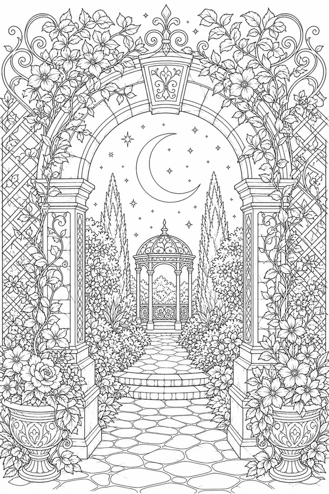 Adult Advanced Advanced Adult Moonlit Garden Arch coloring page
