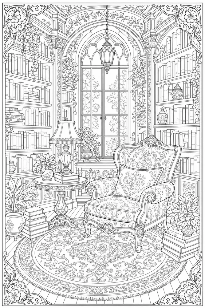 Adult Advanced Advanced Adult Ornate Library Nook coloring page