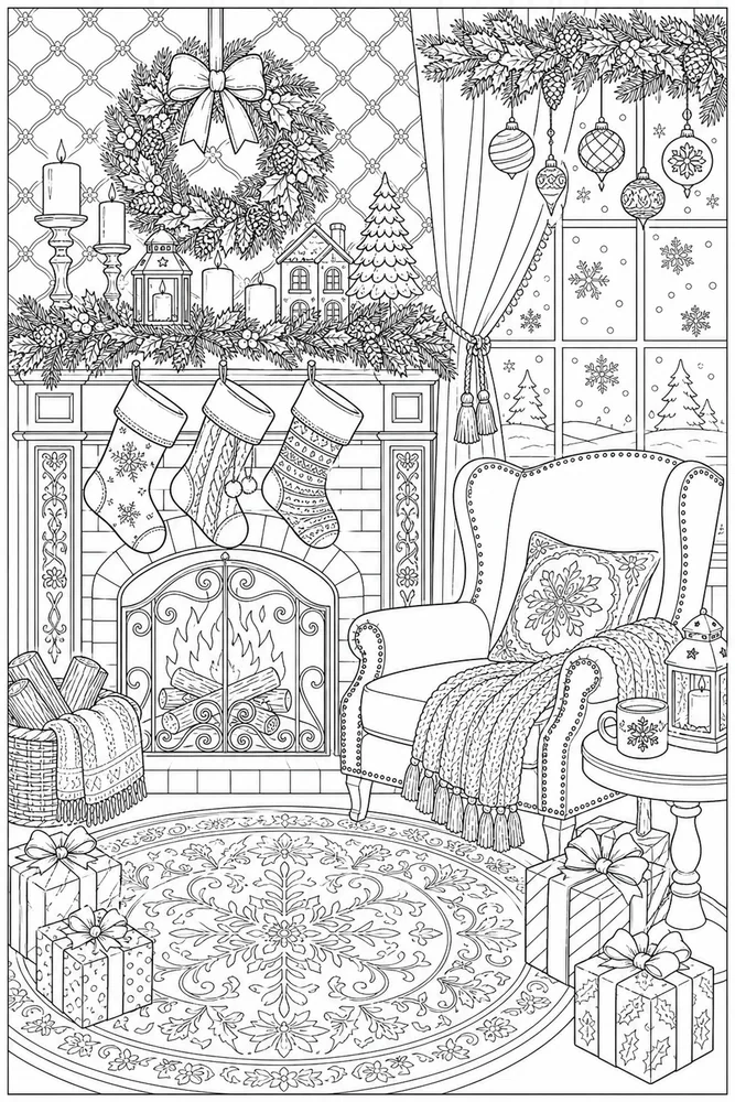 Adult Christmas Christmas Cozy Fireplace coloring page