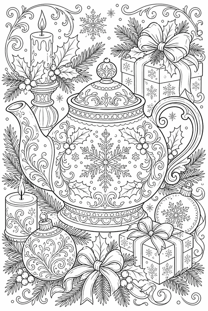 Adult Christmas Christmas Holiday Teapot coloring page