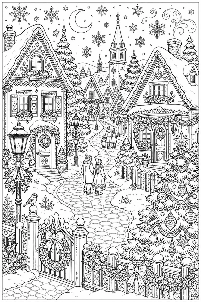 Adult Christmas Coloring Pages preview: Adult Christmas Christmas Snowy Village coloring page