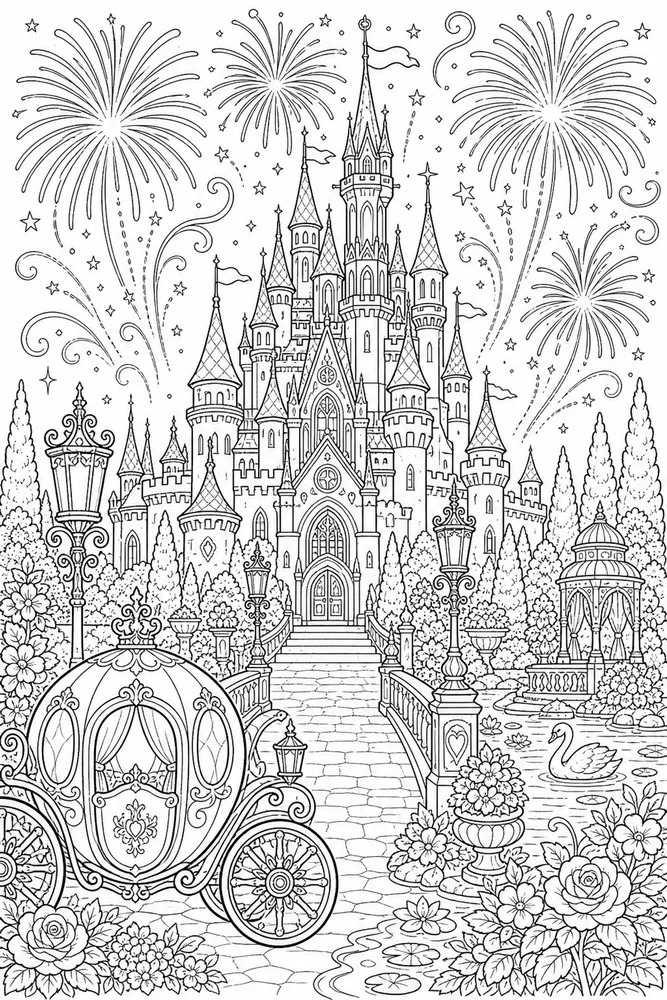 Adult Disney Castle Fireworks Scene printable coloring page