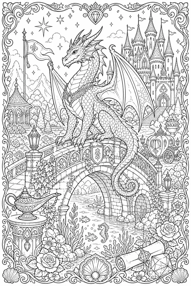 Adult Disney Dragon Castle Bridge printable coloring page