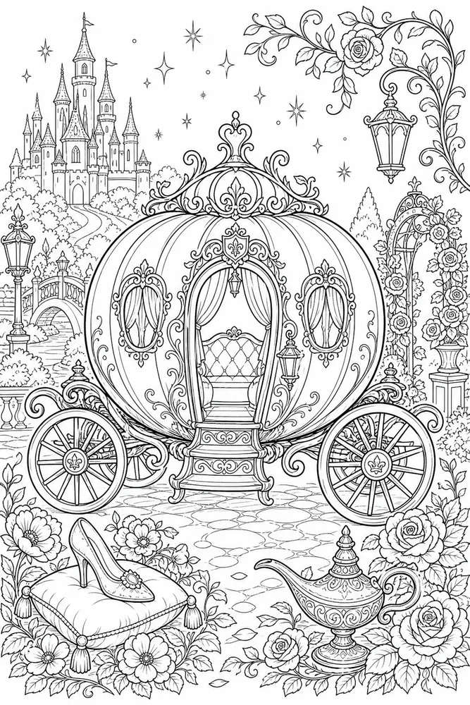 Adult Disney Enchanted Carriage Scene printable coloring page