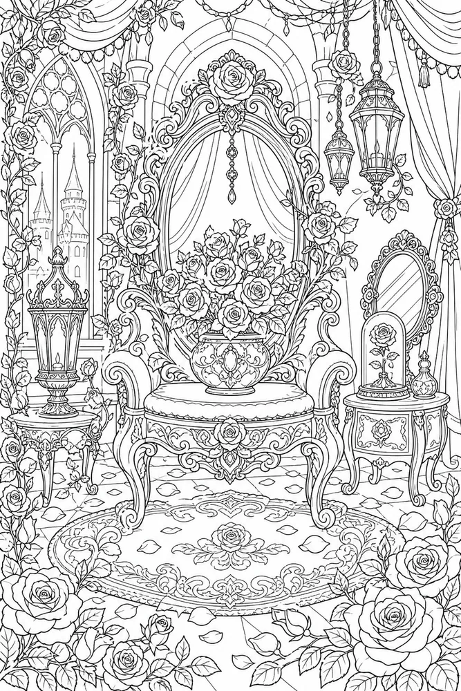 Adult Disney Enchanted Rose Room printable coloring page