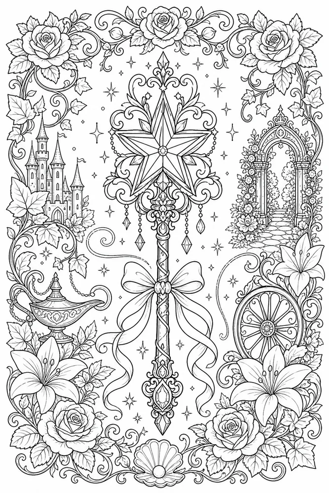 Adult Disney Fairy Wand Floral Frame printable coloring page