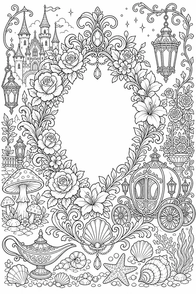 Adult Disney Fairytale Bouquet Frame printable coloring page