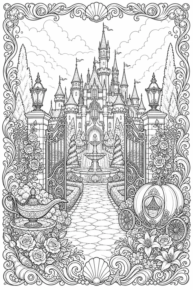 Adult Disney Coloring Pages preview: Adult Disney Fairytale Castle Garden printable coloring page