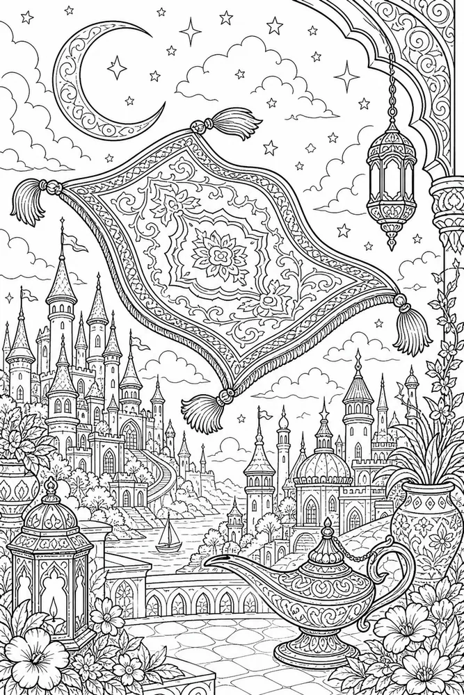 Adult Disney Flying Carpet Skyline printable coloring page