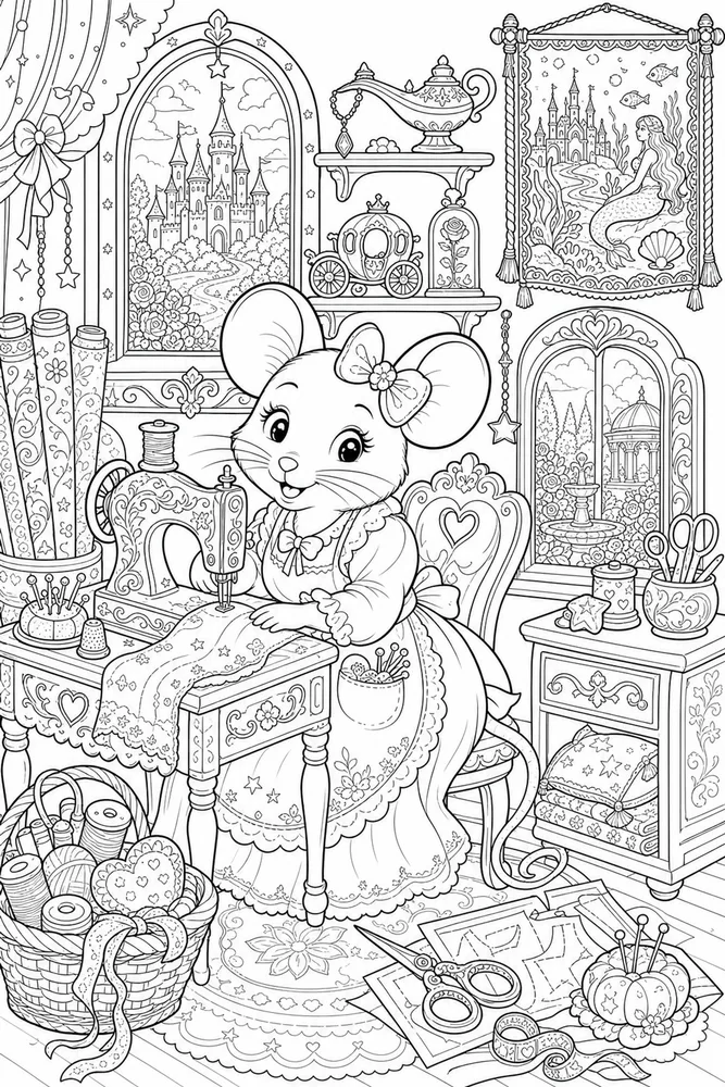 Adult Disney Friendly Mouse Sewing Room printable coloring page