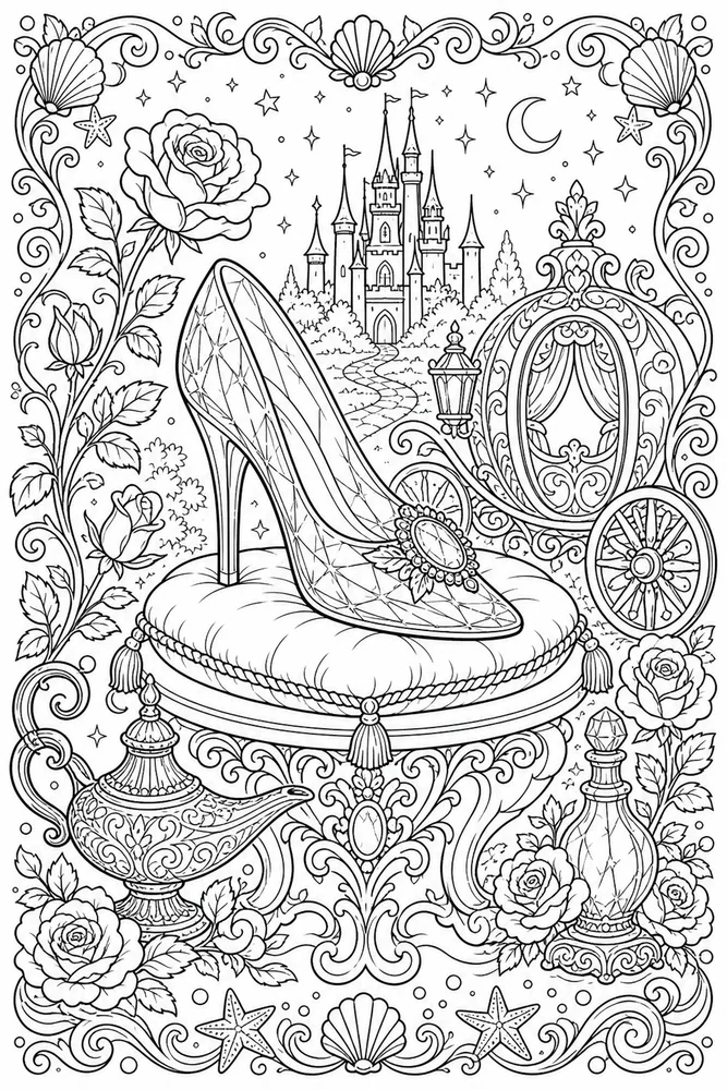 Adult Disney Glass Slipper Still Life printable coloring page