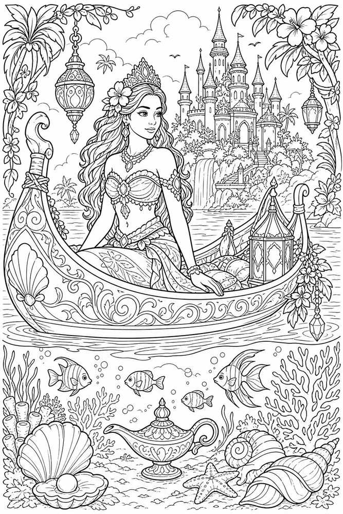 Adult Disney Island Princess Canoe printable coloring page