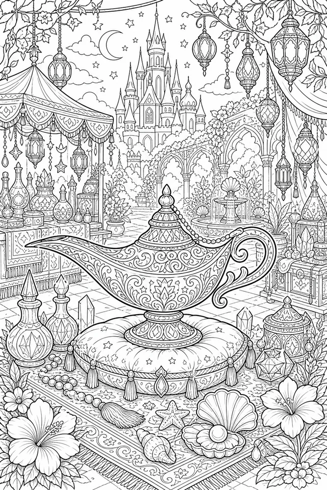Adult Disney Magic Lamp Market printable coloring page