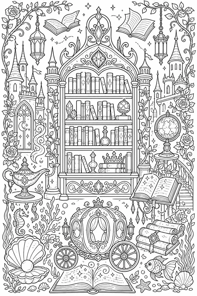 Adult Disney Magical Book Library printable coloring page