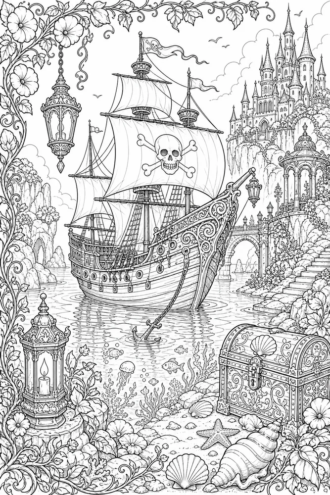 Adult Disney Pirate Ship Cove printable coloring page