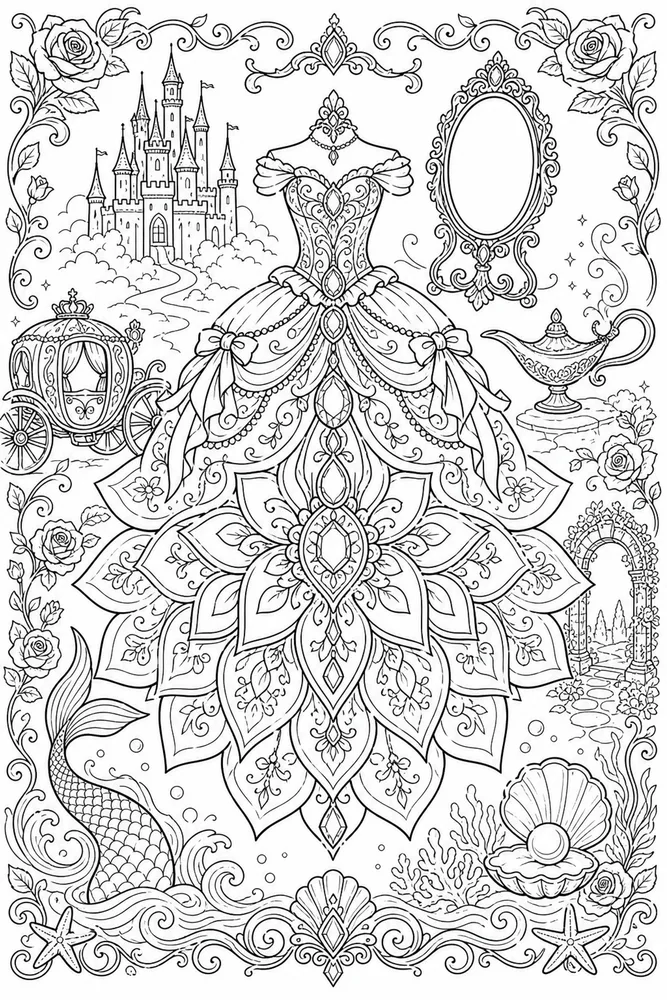 Adult Disney Princess Gown Mandala printable coloring page