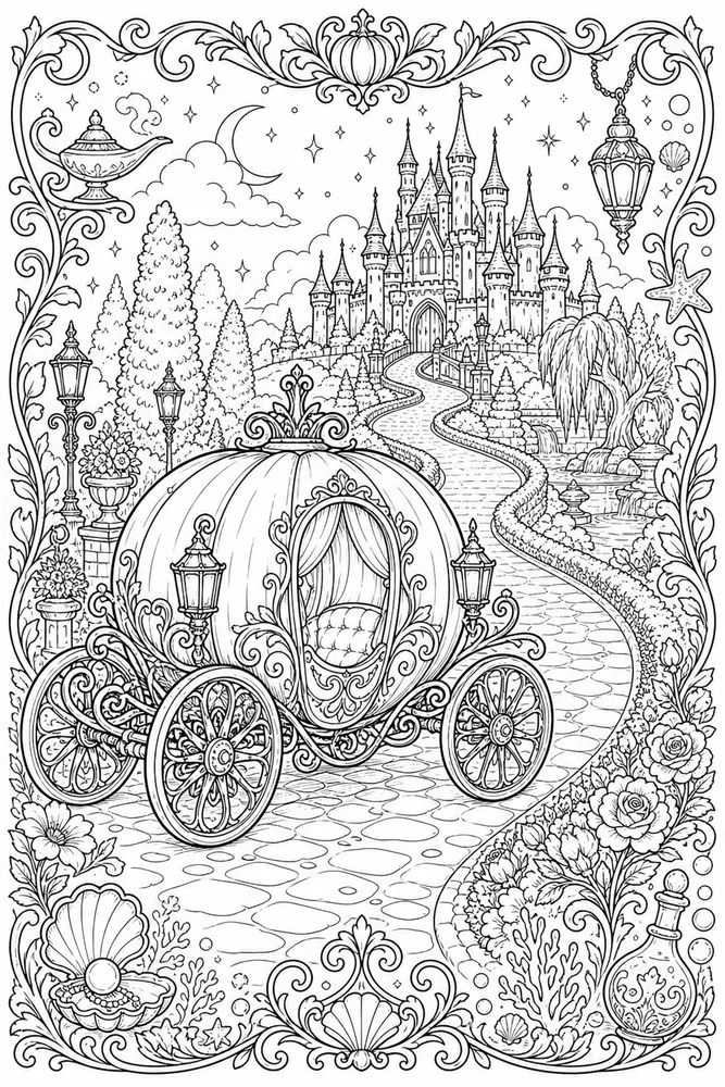 Adult Disney Pumpkin Carriage Road printable coloring page