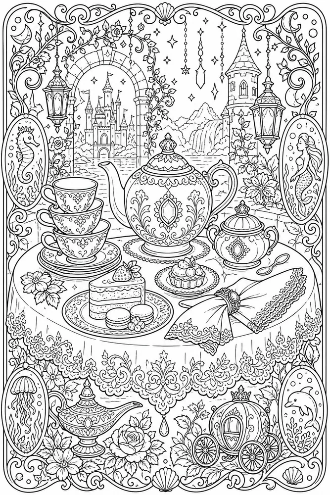 Adult Disney Royal Tea Party Table printable coloring page