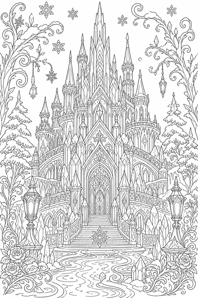 Adult Disney Snow Queen Ice Palace printable coloring page