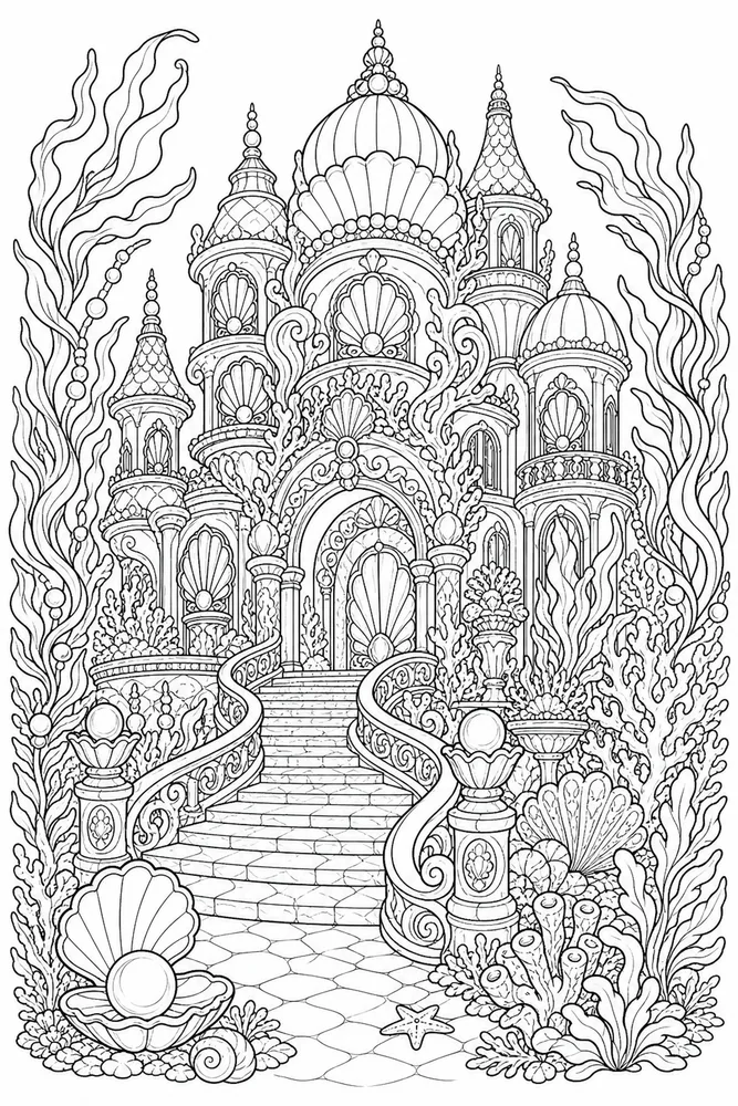 Adult Disney Undersea Fantasy Palace printable coloring page