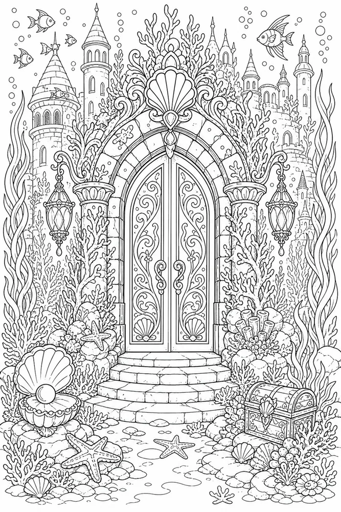 Adult Disney Underwater Castle Doorway printable coloring page