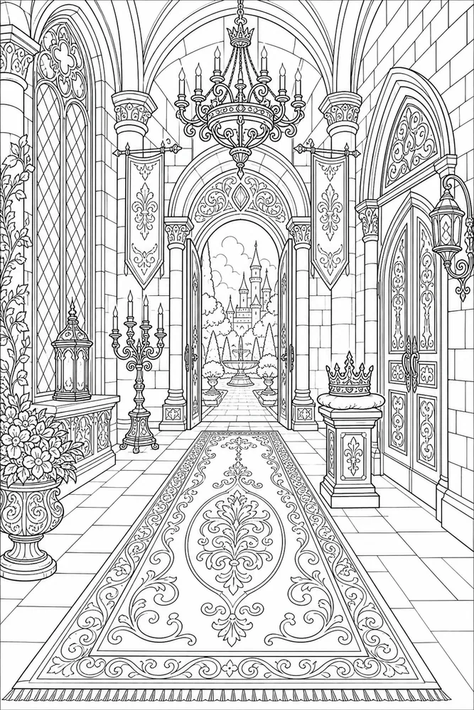 Adult Disney Villain Free Castle Hallway printable coloring page