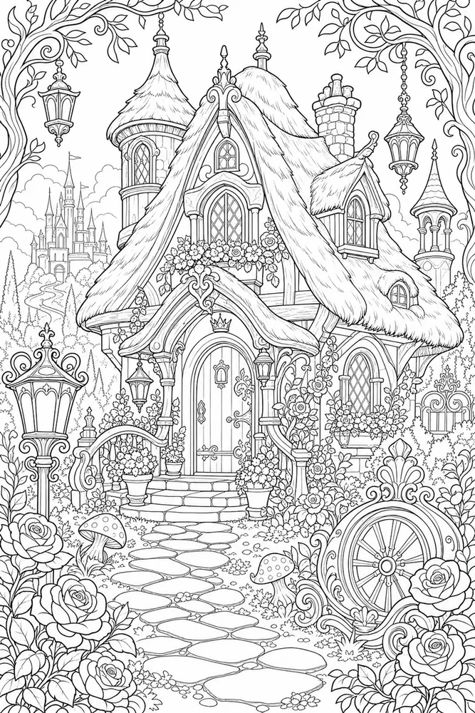 Adult Disney Woodland Princess Cottage printable coloring page