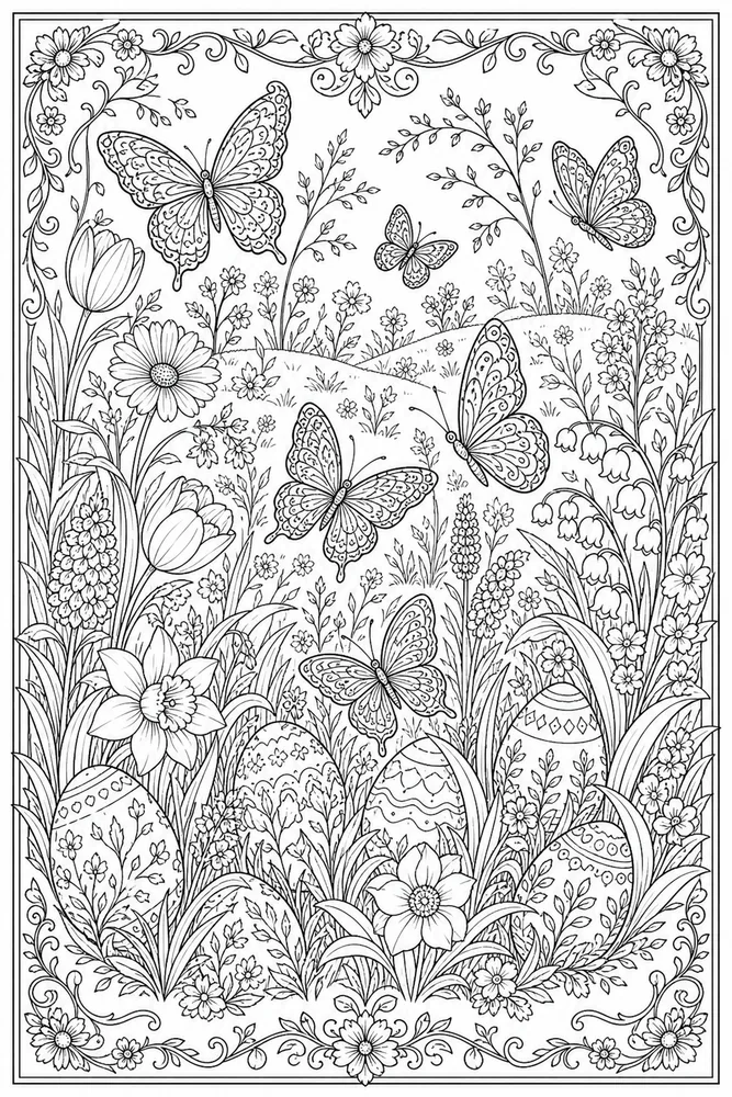 Adult Easter Easter Butterfly Meadow coloring page