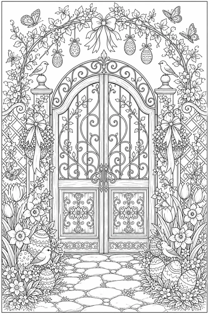 Adult Easter Easter Garden Gate coloring page