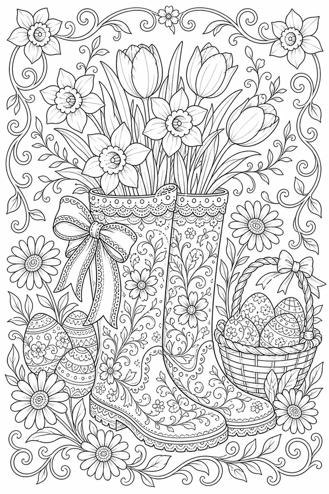 Adult Easter Easter Rain Boots Flowers coloring page