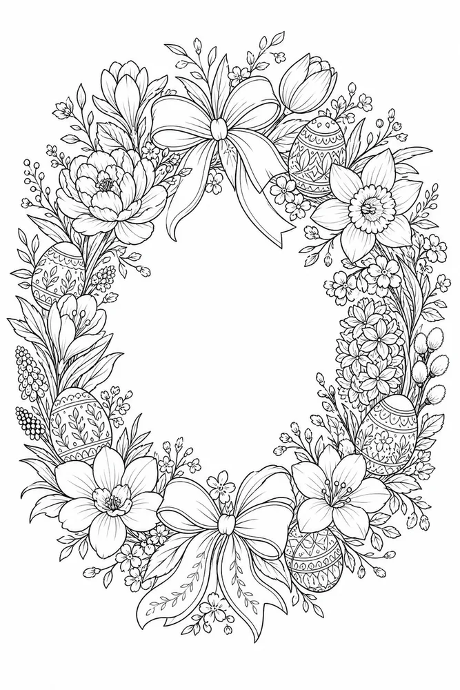 Adult Easter Easter Spring Flower Wreath coloring page