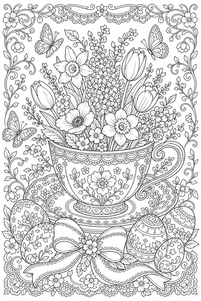 Adult Easter Easter Teacup Flowers coloring page