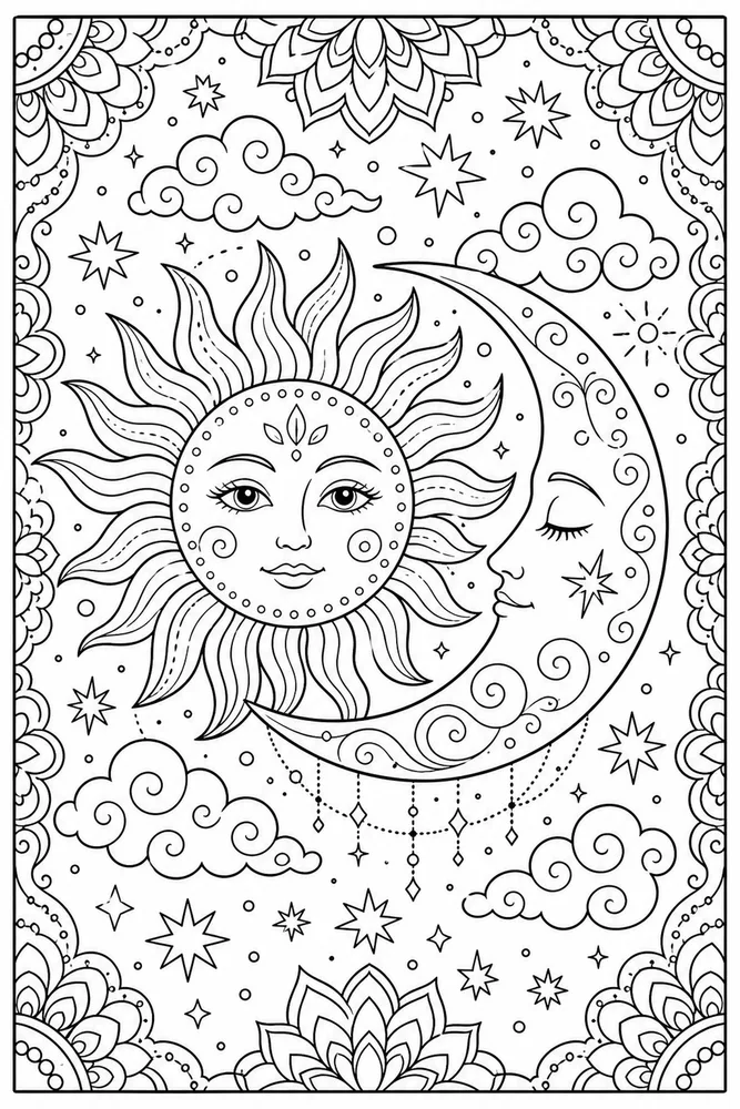 Adult Easy Easy Adult Big Sun And Moon coloring page