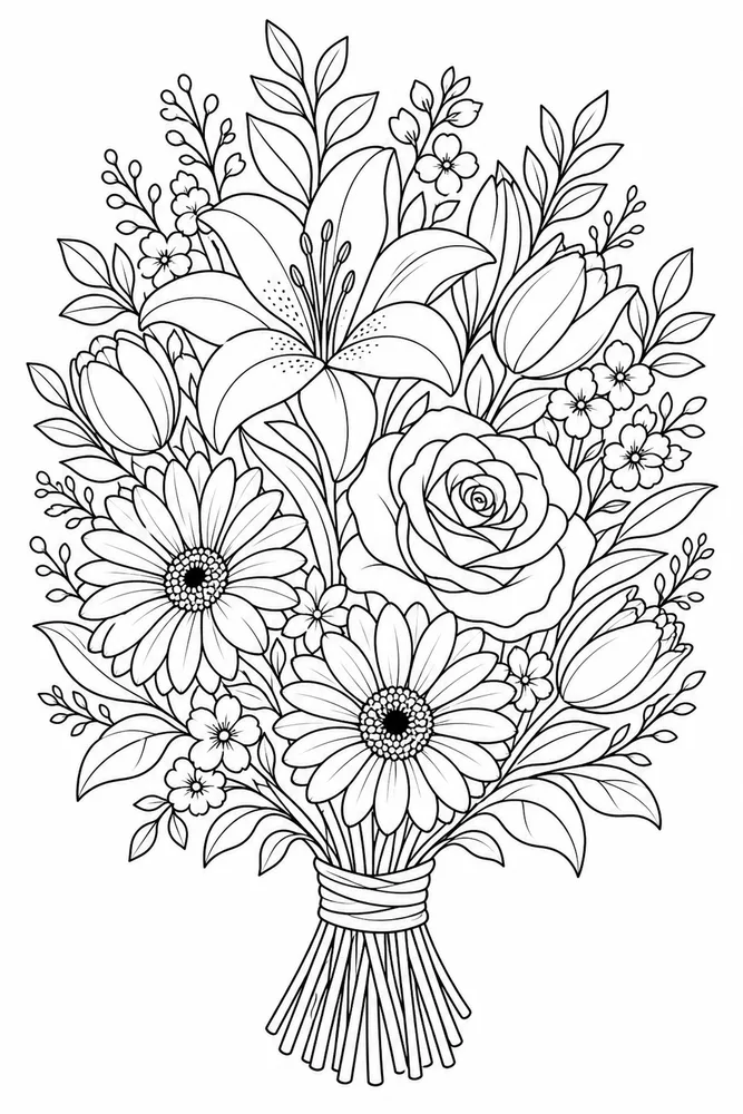 Adult Easy Easy Adult Large Flower Bouquet coloring page
