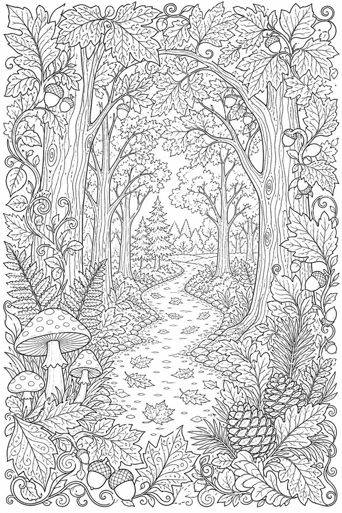 Adult Fall Fall Autumn Forest Path coloring page