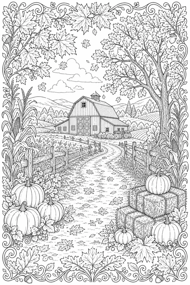 Adult Fall Fall Barn Path coloring page