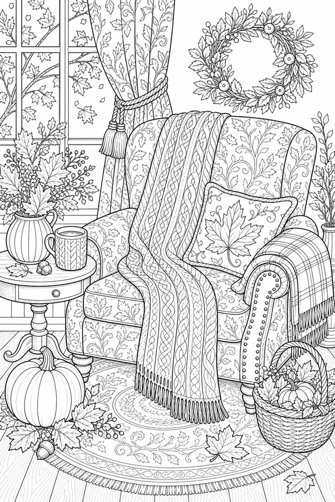Adult Fall Fall Cozy Scarf Chair coloring page