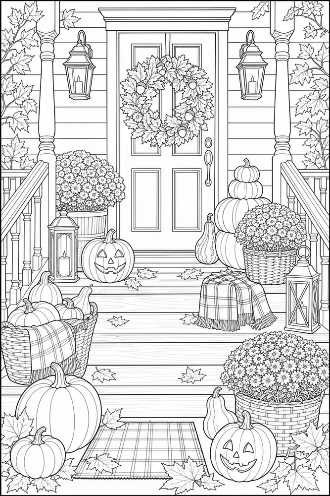Adult Fall Fall Pumpkin Porch coloring page
