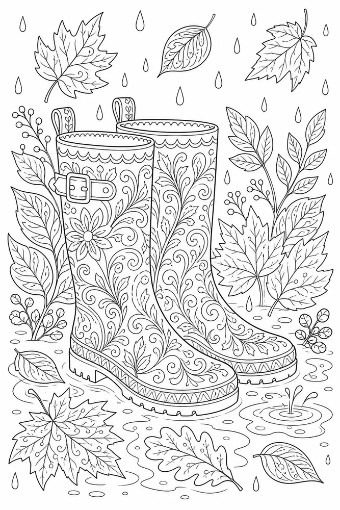 Adult Fall Coloring Pages preview: Adult Fall Fall Rain Boots Leaves coloring page