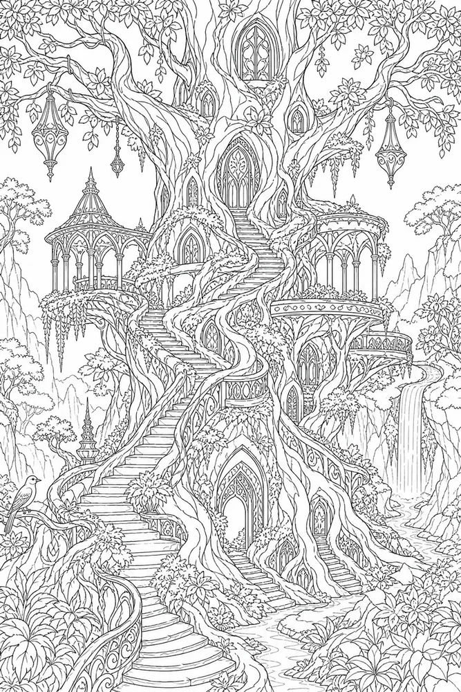 Adult Fantasy Fantasy Ancient Tree Stairs coloring page