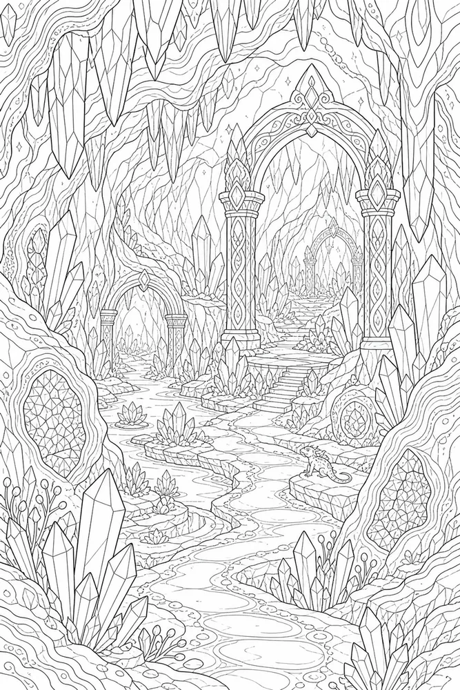 Adult Fantasy Fantasy Crystal Cave coloring page