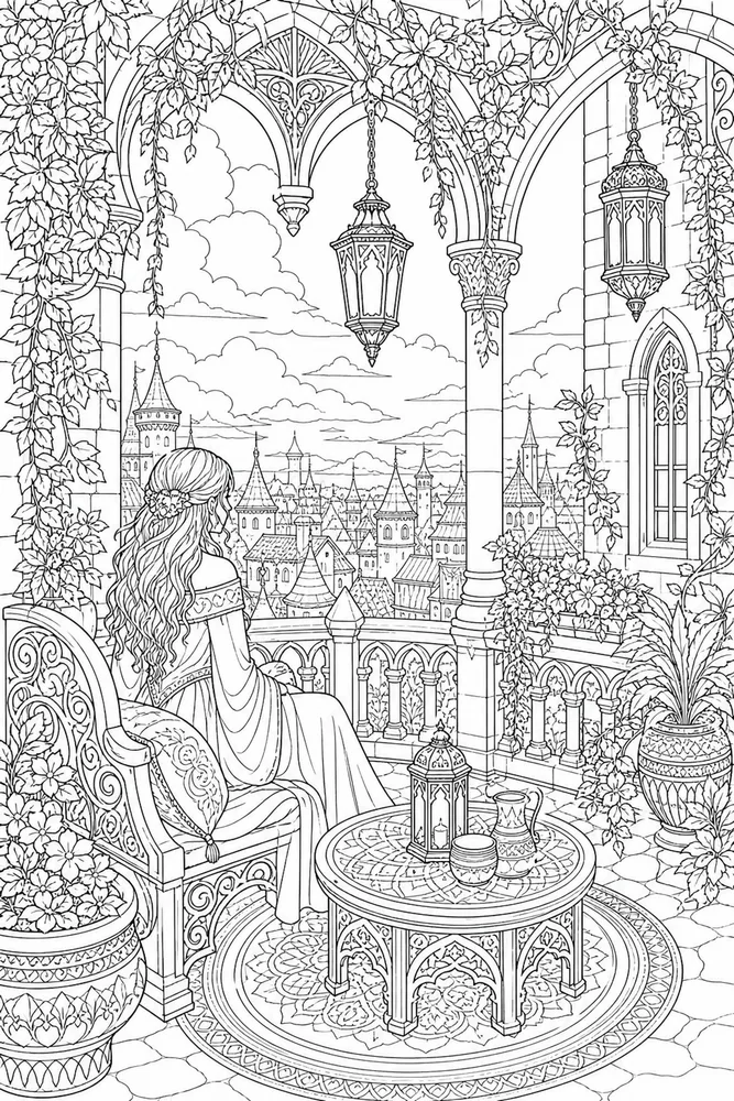 Adult Fantasy Fantasy Dragon Free Tower Balcony coloring page