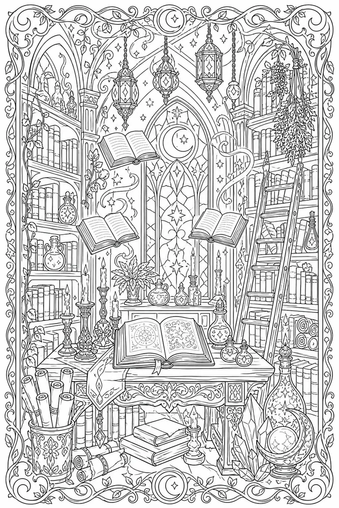Adult Fantasy Fantasy Enchanted Book Room coloring page
