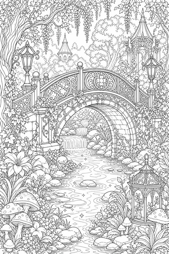 Adult Fantasy Fantasy Fairy Tale Bridge coloring page