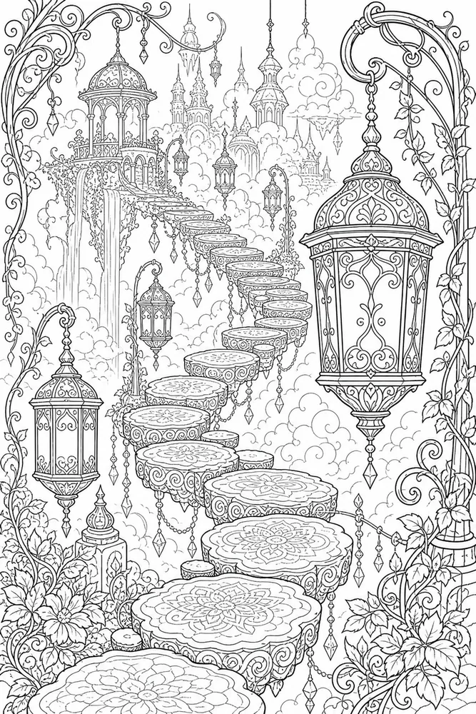 Adult Fantasy Coloring Pages preview: Adult Fantasy Fantasy Floating Lantern Path coloring page