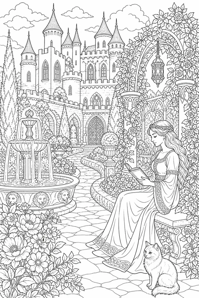 Adult Fantasy Fantasy Generic Castle Garden coloring page