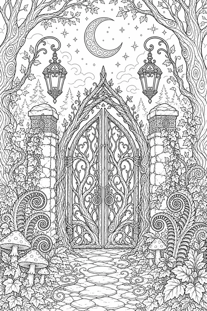 Adult Fantasy Fantasy Moonlit Forest Gate coloring page